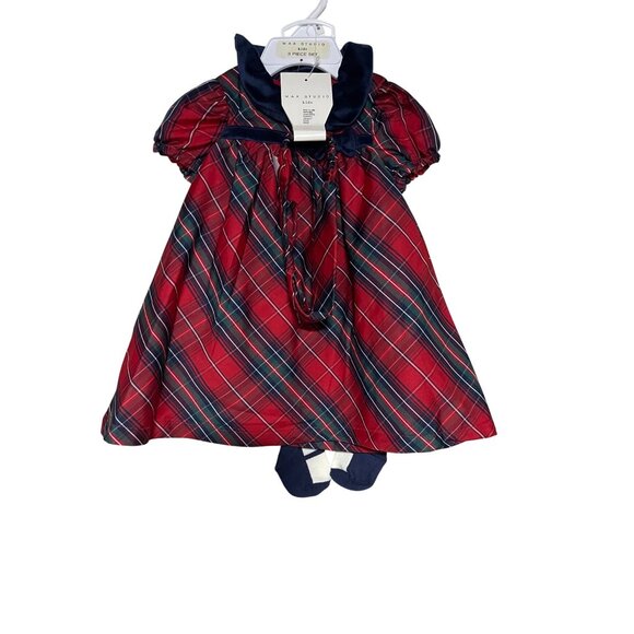 Max Studio Kids Plaid Red Tartan Dress White Tights Set Girls Infant 3-6 Months - Picture 1 of 6